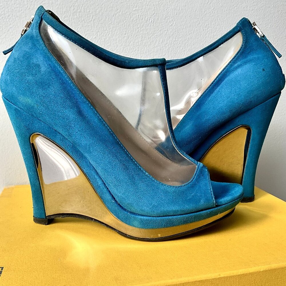Fendi Zeppa Turchese Suede & PVC Wedge Heels Size 38 5" Heel Made in Italy